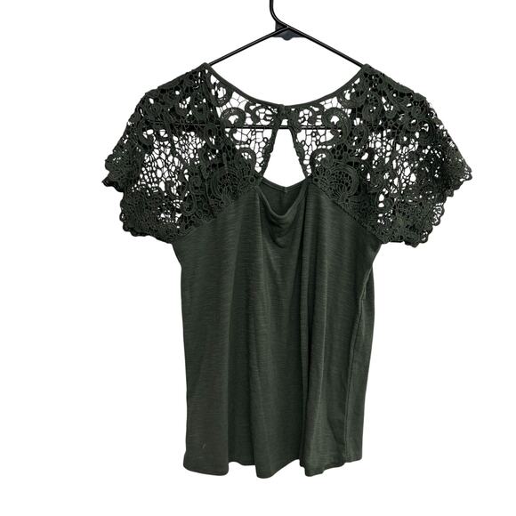 Green Crochet Lace Sleeve Blouse Boho Romantic Elevated Basics Feminine S - Picture 3 of 6